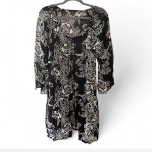 Y2K ROUGE BLACK WHITE FLORAL LONG SLEEBE BOHO KIMONO STYLE TOP FRONT TIE SMALL